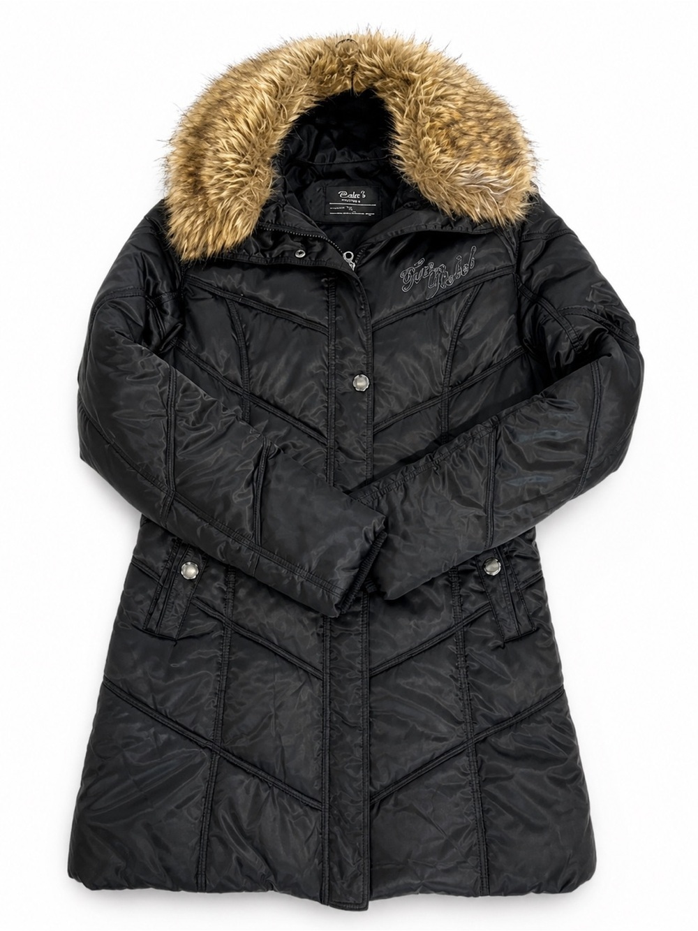 Black Quilted Puffer Coat Faux Fur Hooded Parka Winter Jacket Women XL